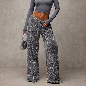 Dark Grey Party Women's Velvet Silver Sequin Drawstring Wide Leg Pants